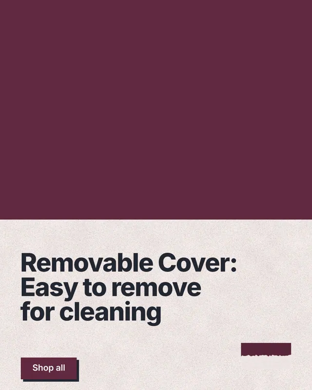 Instagram portrait post for By Teddy: "Removable Cover: Easy to remove for cleaning". Paper trio style, bottom layout, light palette in red, orange, grey.