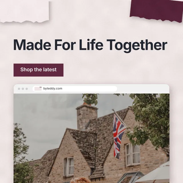 Instagram post for By Teddy: "Made For Life Together". Swiss style, browser layout, light palette in red, grey, white.
