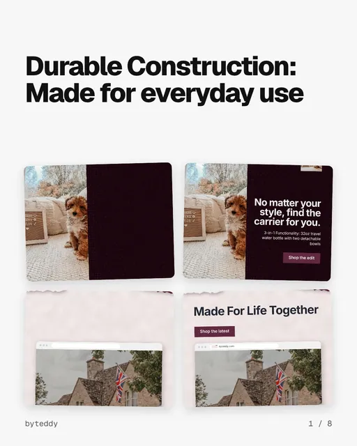Carousel for By Teddy: "Durable Construction: Made for everyday use". Collection carousel, 8 slides, light palette.