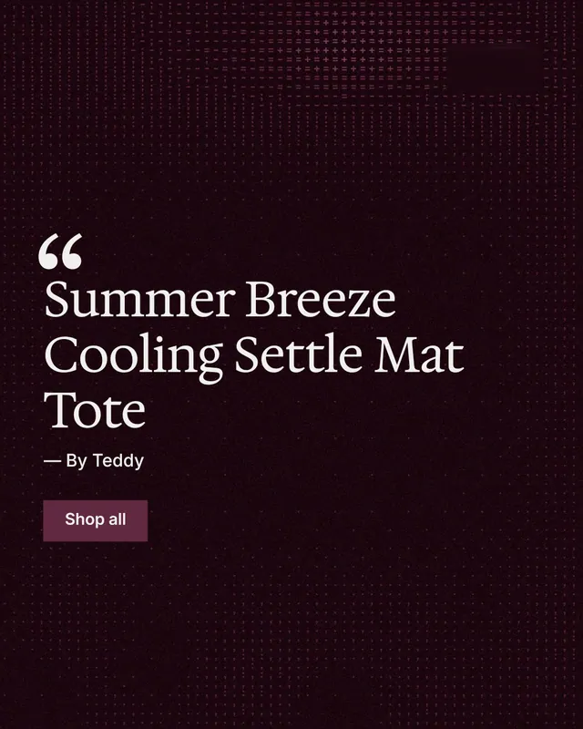 Instagram portrait post for By Teddy: "Summer Breeze Cooling Settle Mat Tote". Swiss style, quote layout, dark palette in black, red.