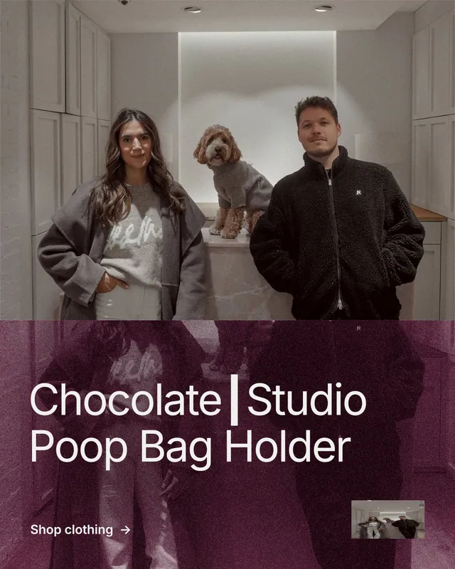 Instagram portrait post for By Teddy: "Chocolate┃Studio Poop Bag Holder". Film still style, bottom layout, dark palette in black, red, grey.