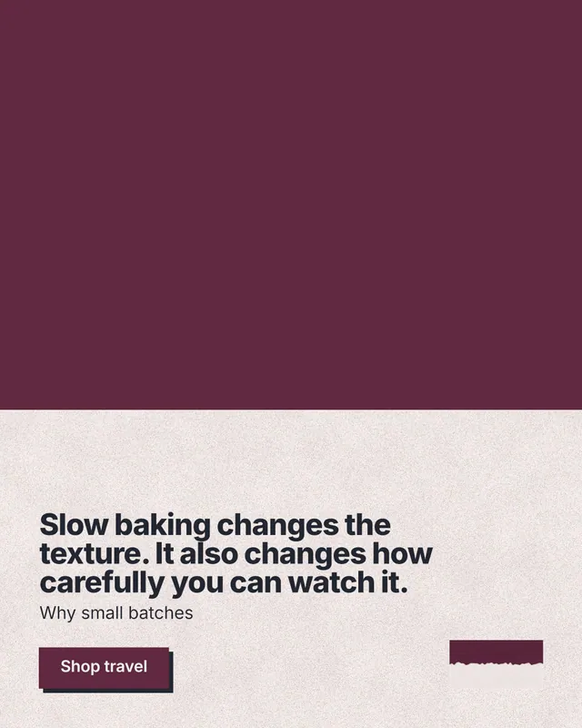Instagram portrait post for By Teddy: "Slow baking changes the texture. It also changes how carefully you can watch it." Paper trio style, bottom layout, light palette in red, orange.