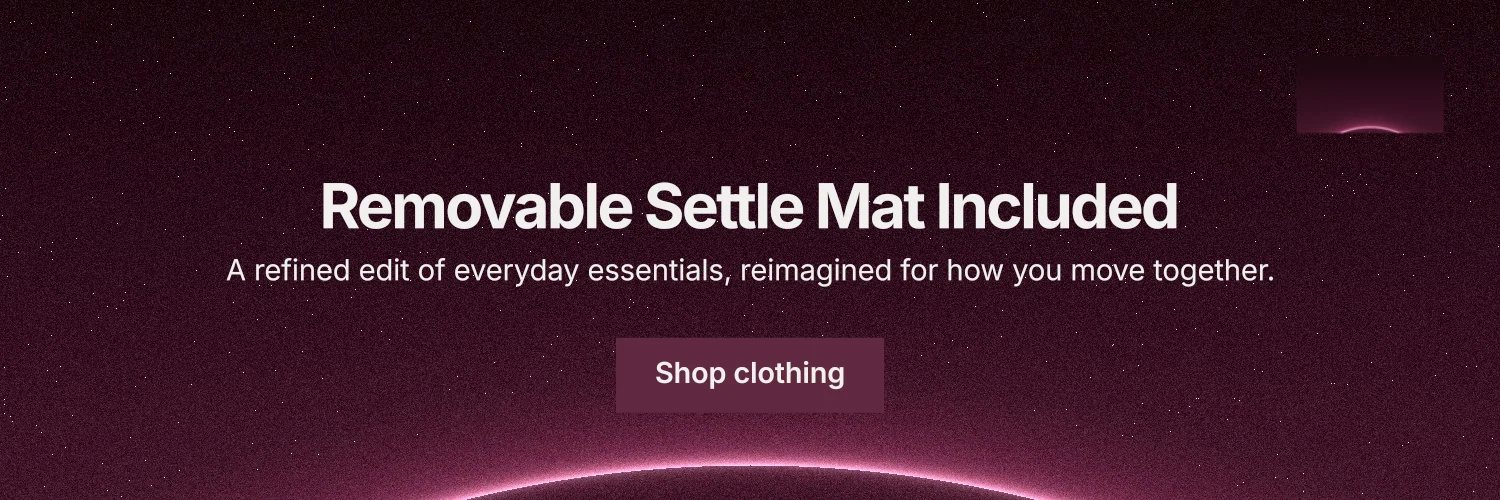X header for By Teddy: "Removable Settle Mat Included". Swiss style, centred layout, dark palette in pink, black.