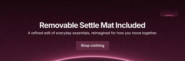 X header for By Teddy: "Removable Settle Mat Included". Swiss style, centred layout, dark palette in pink, black.