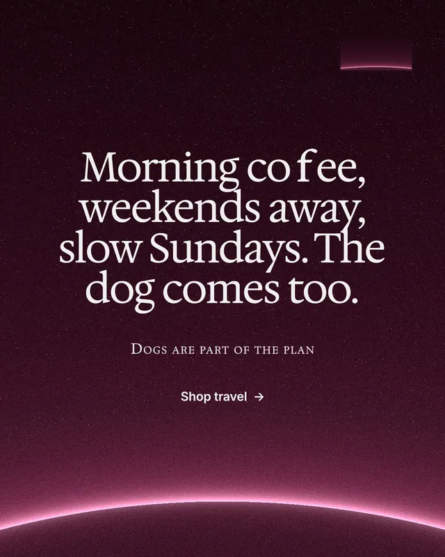 Instagram portrait post for By Teddy: "Morning coffee, weekends away, slow Sundays. The dog comes too." Swiss style, smallcaps layout, dark palette in pink, black.