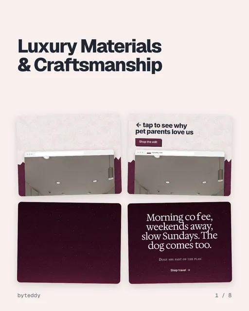 Carousel for By Teddy: "Luxury Materials & Craftsmanship". Collection carousel, 8 slides, light palette.