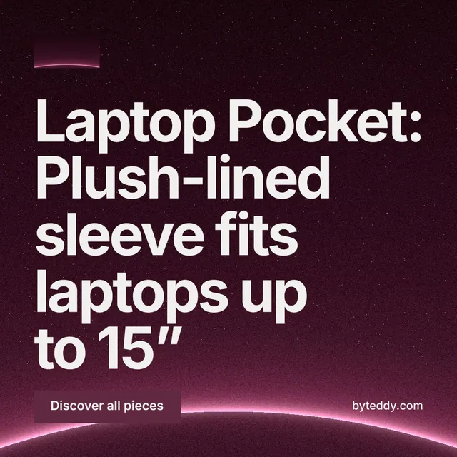 Instagram post for By Teddy: "Laptop Pocket: Plush-lined sleeve fits laptops up to 15”". Swiss style, poster layout, dark palette in black, pink, grey.