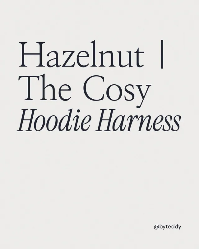 Instagram portrait post for By Teddy: "Hazelnut | The Cosy Hoodie Harness". Editorial style, technique:mixed type lockup layout, light palette in white.