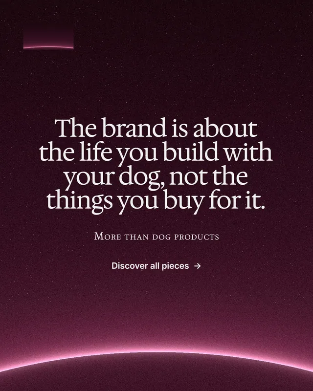 Instagram portrait post for By Teddy: "The brand is about the life you build with your dog, not the things you buy for it." Swiss style, smallcaps layout, dark palette in pink, black.