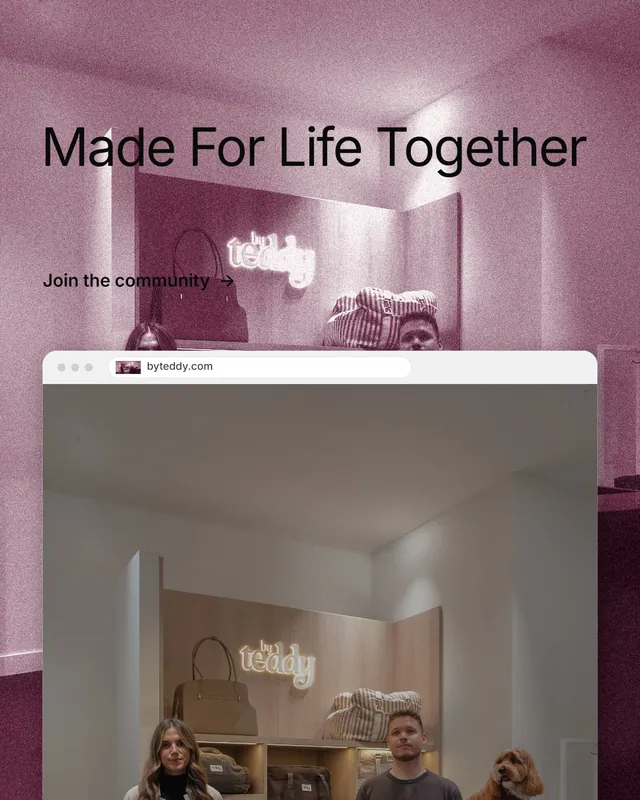 Instagram portrait post for By Teddy: "Made For Life Together". Film still style, browser layout, light palette in grey, red.