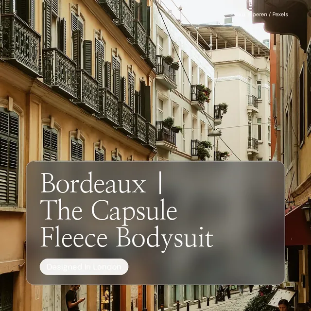 Instagram post for By Teddy: "Bordeaux | The Capsule Fleece Bodysuit". Glass style, technique:pexels ingredient layout, light palette in grey, orange, yellow.