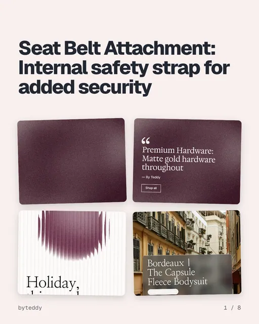 Carousel for By Teddy: "Seat Belt Attachment: Internal safety strap for added security". Collection carousel, 8 slides, light palette.