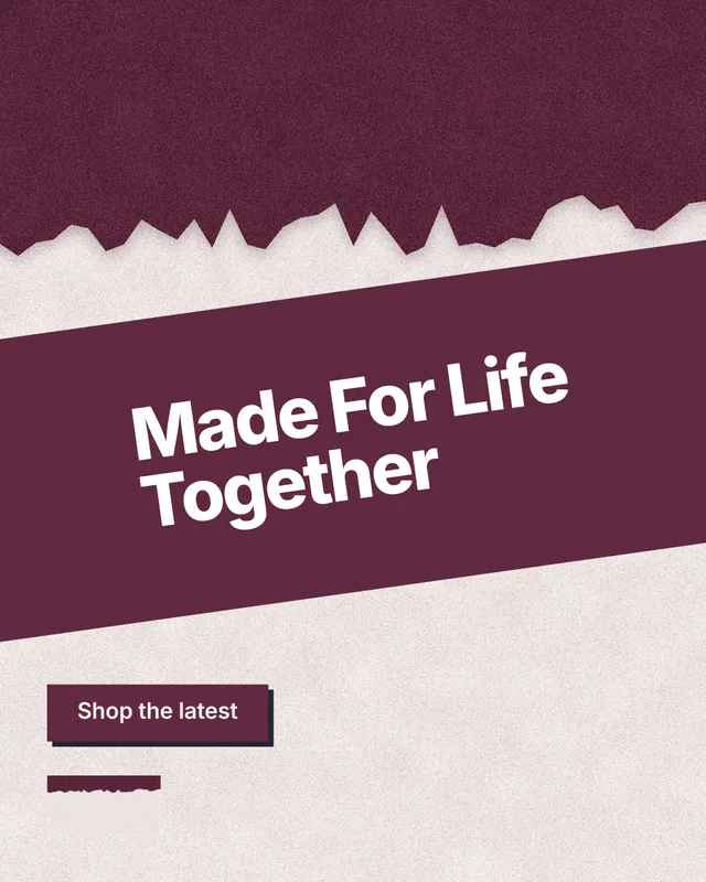 Instagram portrait post for By Teddy: "Made For Life Together". Paper trio style, diagonal layout, light palette in pink, red, orange.