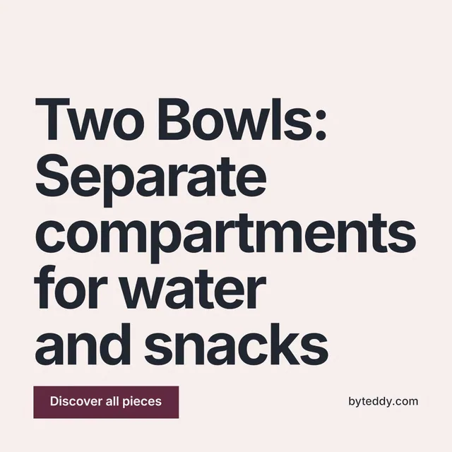 Instagram post for By Teddy: "Two Bowls: Separate compartments for water and snacks". Swiss style, poster layout, light palette in white, grey.