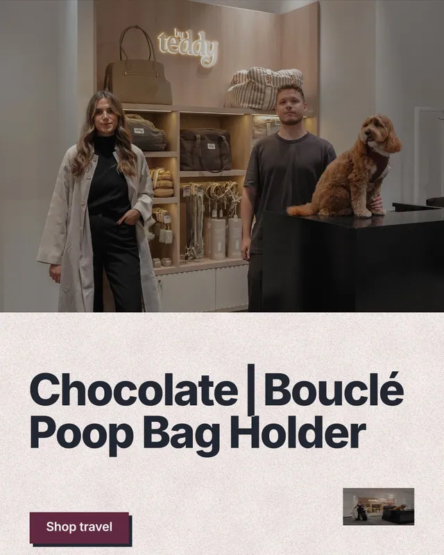 Instagram portrait post for By Teddy: "Chocolate┃Bouclé Poop Bag Holder". Paper trio style, bottom layout, light palette in grey, red, black.