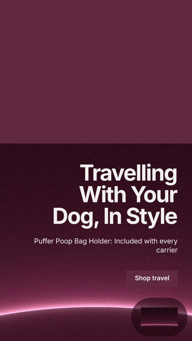 Instagram story for By Teddy: "Travelling With Your Dog, In Style". Swiss style, right layout, dark palette in red, pink, grey.