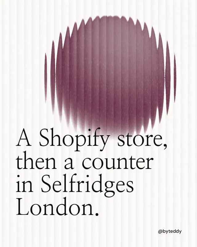 Instagram portrait post for By Teddy: "A Shopify store, then a counter in Selfridges London." Auto 4x5 style, technique:shader field layout, light palette in white, red, grey.