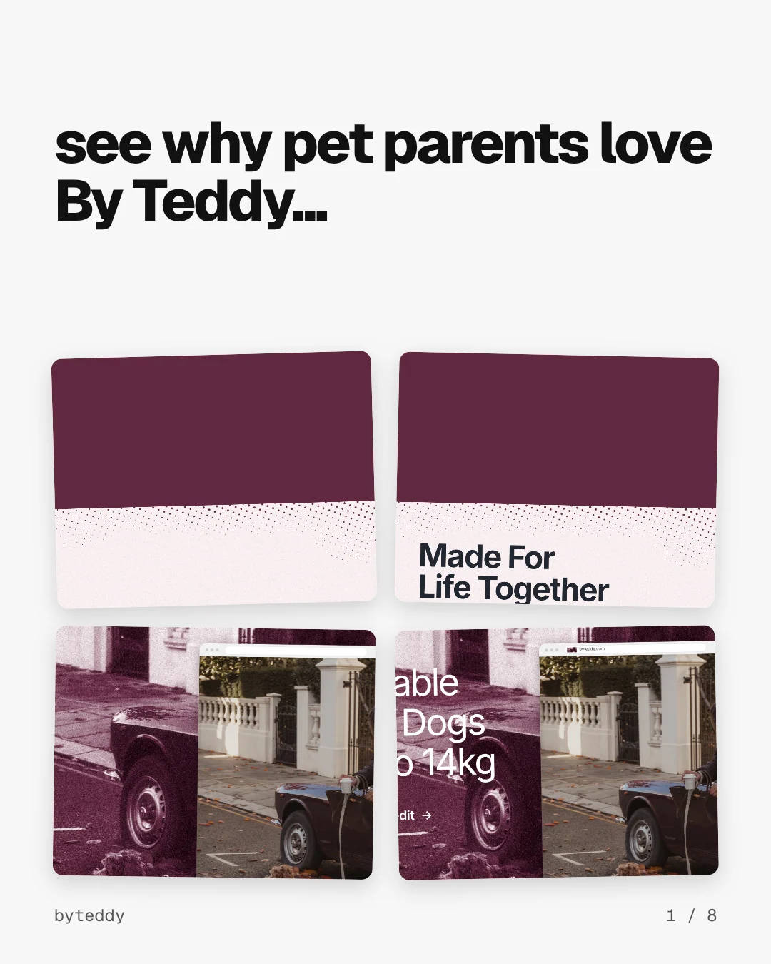 Carousel for By Teddy: "see why pet parents love By Teddy...". Collection carousel, 8 slides, light palette.