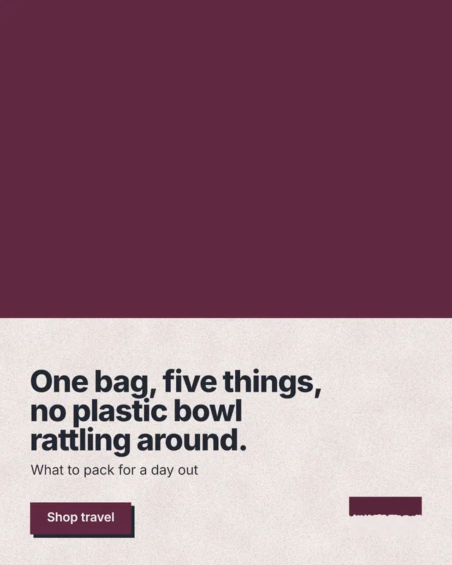 Instagram portrait post for By Teddy: "One bag, five things, no plastic bowl rattling around." Paper trio style, bottom layout, light palette in red, orange.
