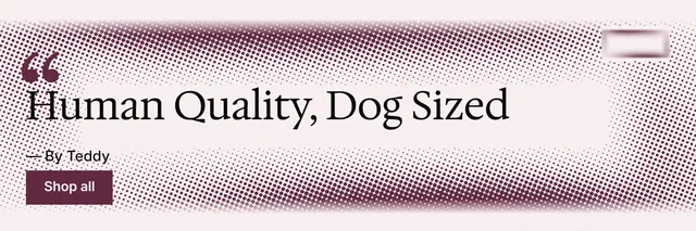 X header for By Teddy: "Human Quality, Dog Sized". Swiss style, quote layout, light palette in grey, white, red.