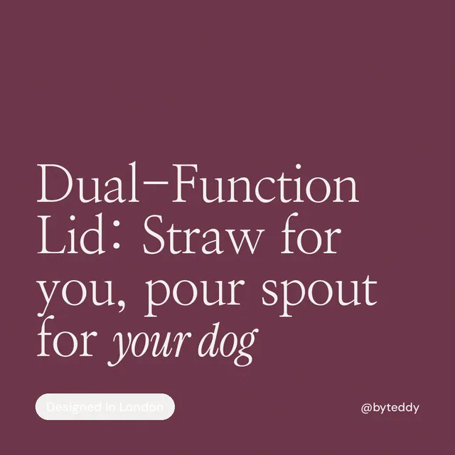 Instagram post for By Teddy: "Dual-Function Lid: Straw for you, pour spout for your dog". Caption style, technique:mixed type lockup layout, dark palette in red, grey.