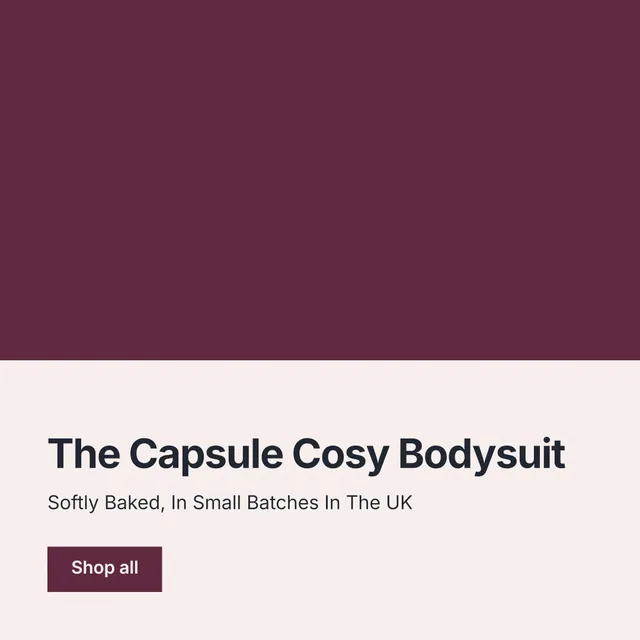 Instagram post for By Teddy: "The Capsule Cosy Bodysuit". Swiss style, bottom layout, light palette in red, white.
