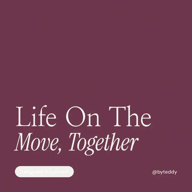 Instagram post for By Teddy: "Life On The Move, Together". Caption style, technique:mixed type lockup layout, dark palette in red, grey.