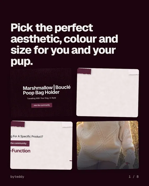 Carousel for By Teddy: "Pick the perfect aesthetic, colour and size for you and your pup.". Collection carousel, 8 slides, dark palette.