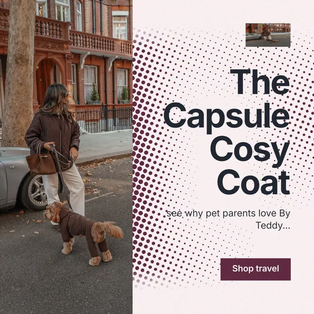 Instagram post for By Teddy: "The Capsule Cosy Coat". Swiss style, right layout, light palette in white, grey.