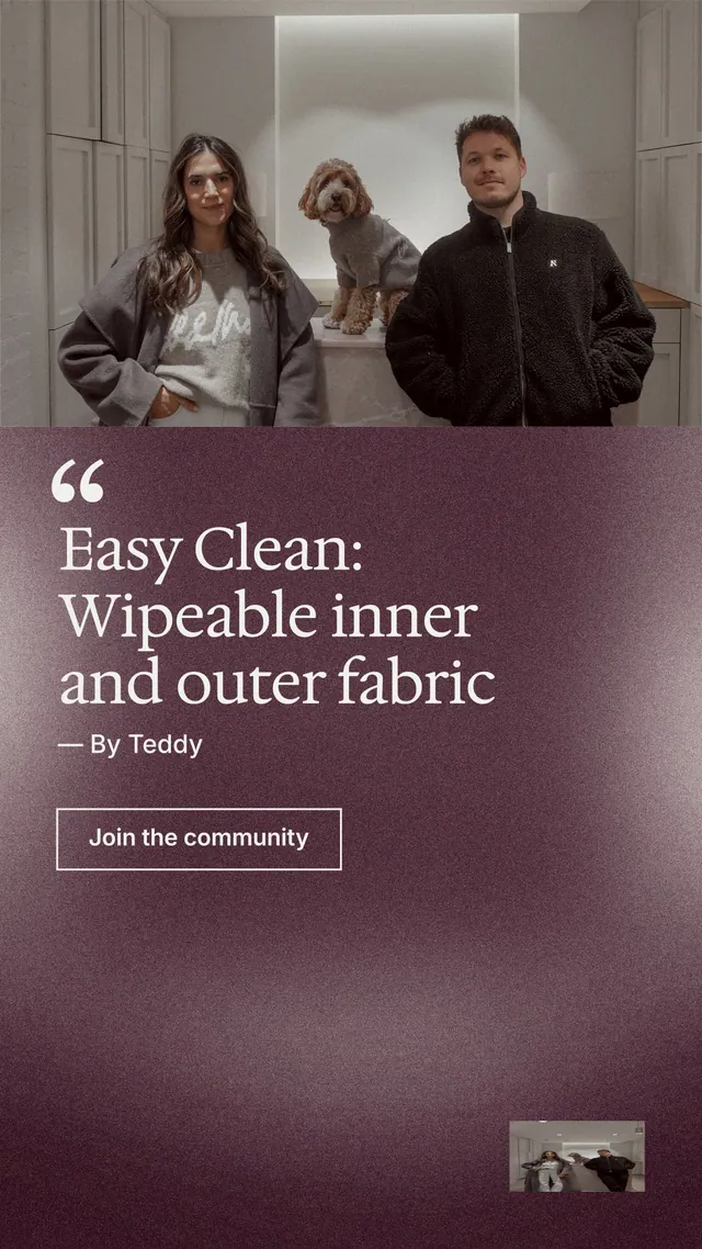 Instagram story for By Teddy: "Easy Clean: Wipeable inner and outer fabric". Cyanotype style, quote layout, dark palette in grey, red.