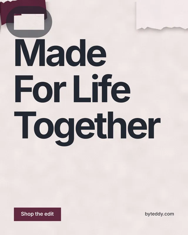 Instagram portrait post for By Teddy: "Made For Life Together". Swiss style, poster layout, light palette in red, grey, white.