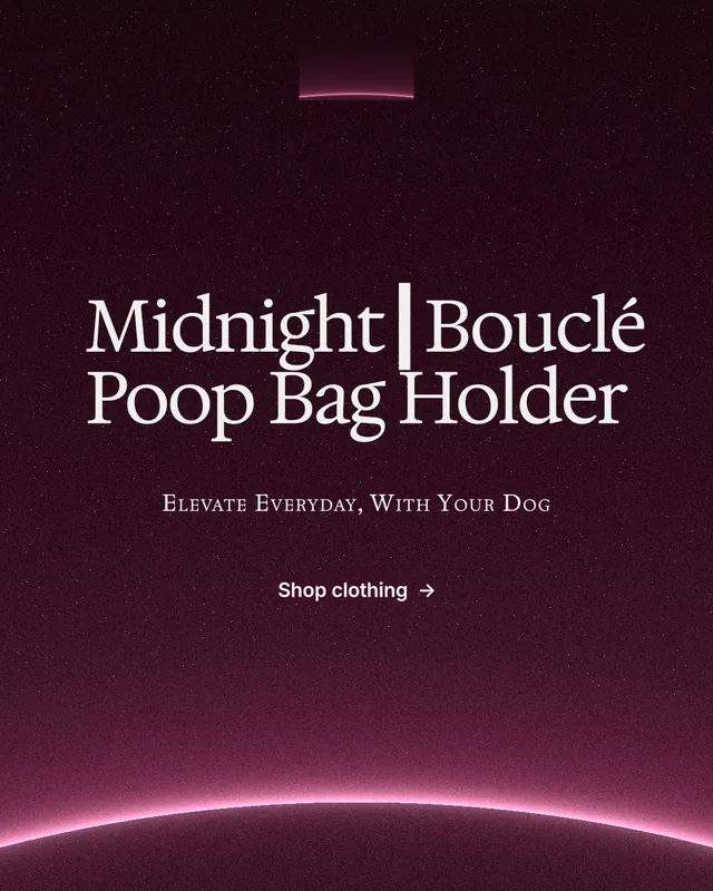 Instagram portrait post for By Teddy: "Midnight┃Bouclé Poop Bag Holder". Swiss style, smallcaps layout, dark palette in pink, black.