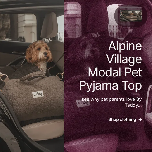 Instagram post for By Teddy: "Alpine Village Modal Pet Pyjama Top". Film still style, right layout, dark palette in pink, red, grey.