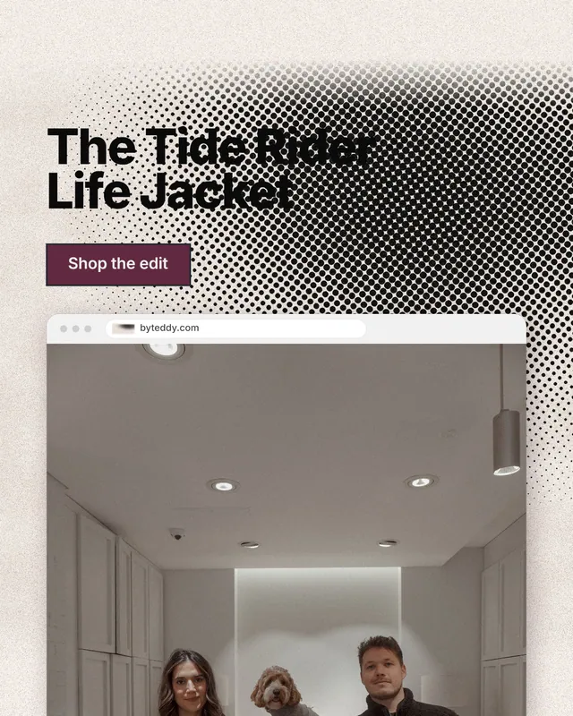 Instagram portrait post for By Teddy: "The Tide Rider Life Jacket". Ink sticker style, browser layout, light palette in grey, orange, white.