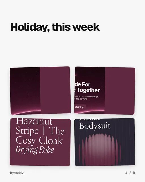 Carousel for By Teddy: "Holiday, this week". Collection carousel, 8 slides, light palette.