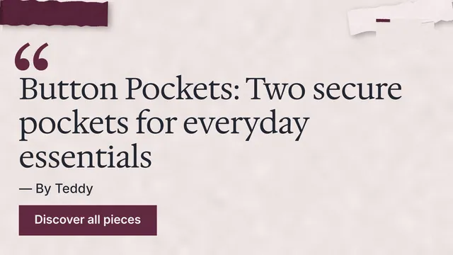 Landscape graphic for By Teddy: "Button Pockets: Two secure pockets for everyday essentials". Swiss style, quote layout, light palette in red, grey.