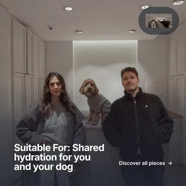Instagram post for By Teddy: "Suitable For: Shared hydration for you and your dog". Swiss style, image led layout, dark palette in black, grey.