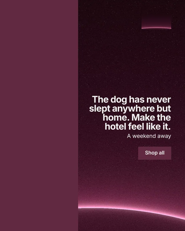 Instagram portrait post for By Teddy: "The dog has never slept anywhere but home. Make the hotel feel like it." Swiss style, right layout, dark palette in red, black, pink.