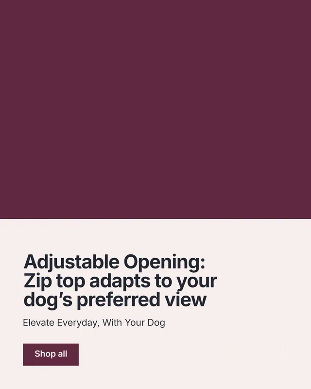 Instagram portrait post for By Teddy: "Adjustable Opening: Zip top adapts to your dog’s preferred view". Swiss style, bottom layout, light palette in red, white, grey.