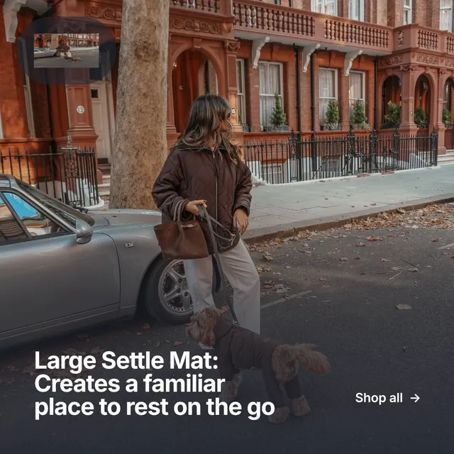 Instagram post for By Teddy: "Large Settle Mat: Creates a familiar place to rest on the go". Swiss style, image led layout, dark palette in black, grey, red.