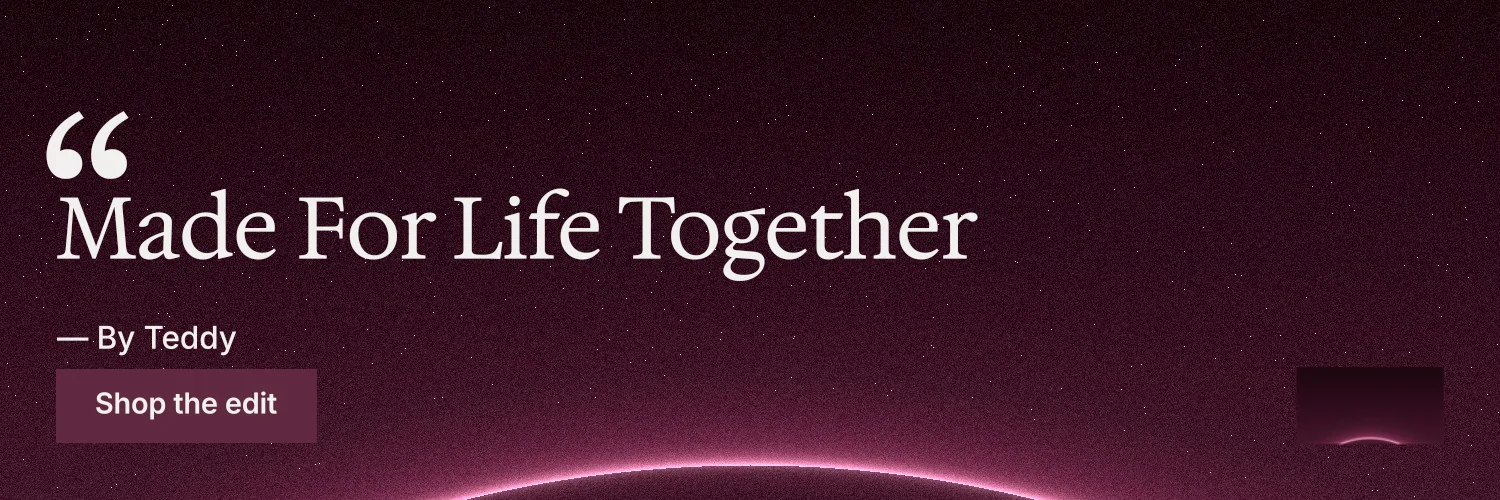 X header for By Teddy: "Made For Life Together". Swiss style, quote layout, dark palette in pink, black.