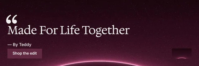 X header for By Teddy: "Made For Life Together". Swiss style, quote layout, dark palette in pink, black.