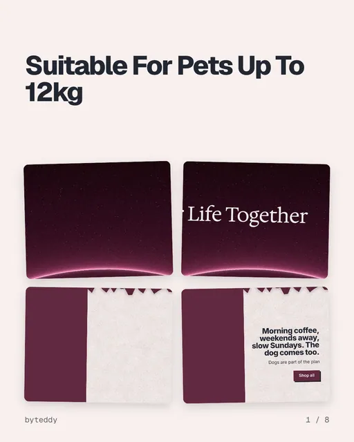 Carousel for By Teddy: "Suitable For Pets Up To 12kg". Collection carousel, 8 slides, light palette.
