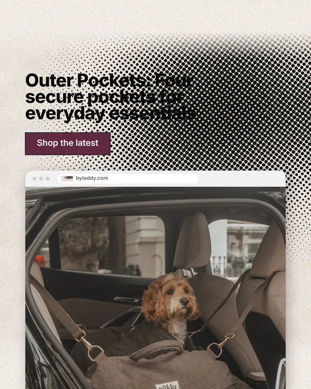 Instagram portrait post for By Teddy: "Outer Pockets: Four secure pockets for everyday essentials". Ink sticker style, browser layout, light palette in orange, black, grey.