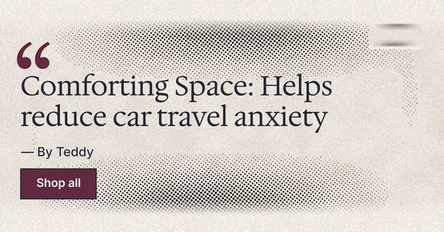 Social ad for By Teddy: "Comforting Space: Helps reduce car travel anxiety". Ink sticker style, quote layout, light palette in orange, white, grey.