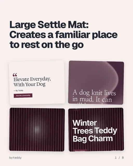 Carousel for By Teddy: "Large Settle Mat: Creates a familiar place to rest on the go". Collection carousel, 8 slides, light palette.