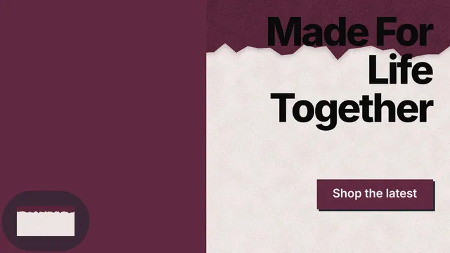Landscape graphic for By Teddy: "Made For Life Together". Paper trio style, right layout, light palette in red, orange, pink.