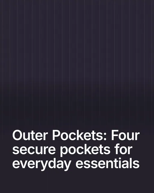 Video for By Teddy: "Outer Pockets: Four secure pockets for everyday essentials". Shader loop, 6.0 s, dark palette.