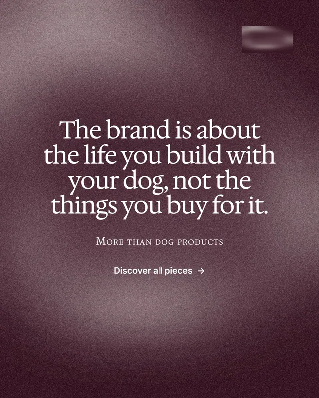 Instagram portrait post for By Teddy: "The brand is about the life you build with your dog, not the things you buy for it." Cyanotype style, smallcaps layout, dark palette in red, grey.