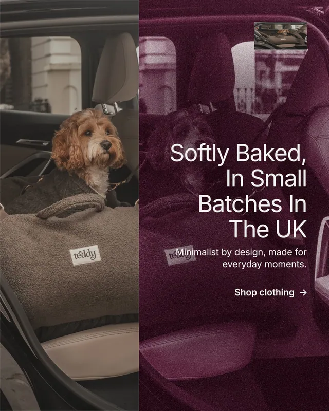 Instagram portrait post for By Teddy: "Softly Baked, In Small Batches In The UK". Film still style, right layout, dark palette in grey, black, red.